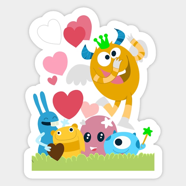 Cute monsters group in love with pink heart. Sticker by 9georgeDoodle